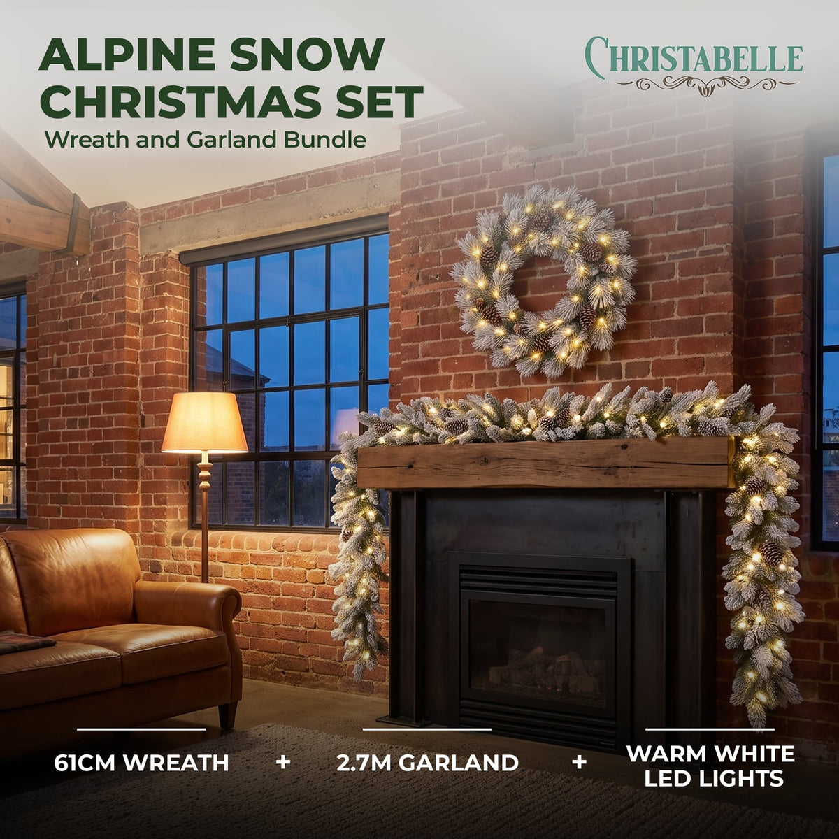 Christabelle 61cm Alpine Snow Wreath Pre-lit 2.74m Alpine Snow Christmas Garland