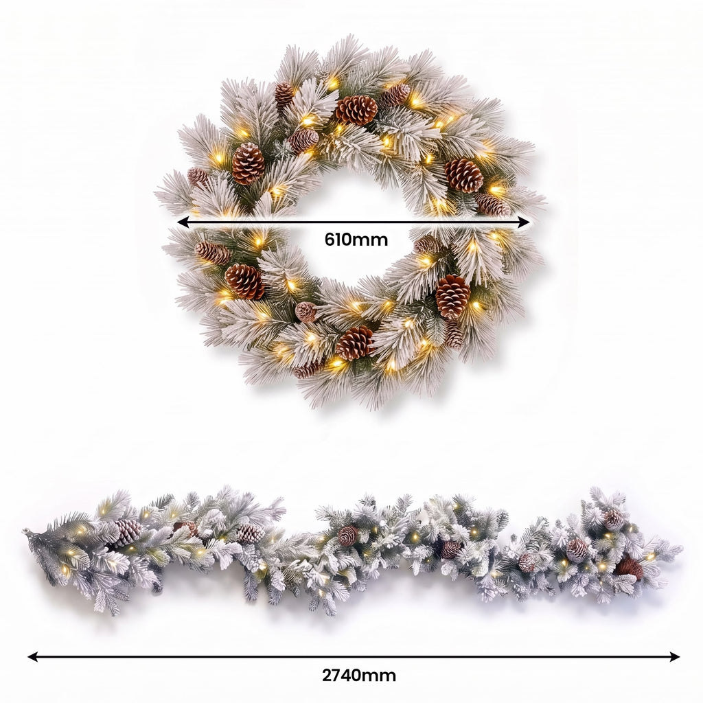 Christabelle 61cm Alpine Snow Wreath Pre-lit 2.74m Alpine Snow Christmas Garland