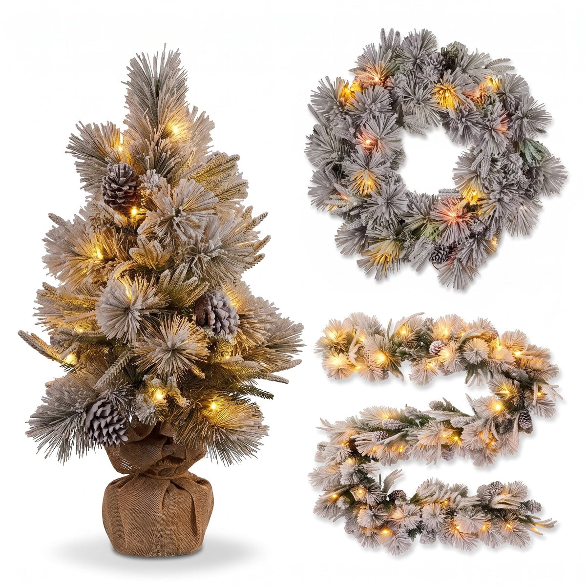 Christabelle 2ft Alpine Snow Potted Tree 61cm Alpine Snow Wreath 2.74m Alpine Snow Garland Pre-lit Holiday Decoration