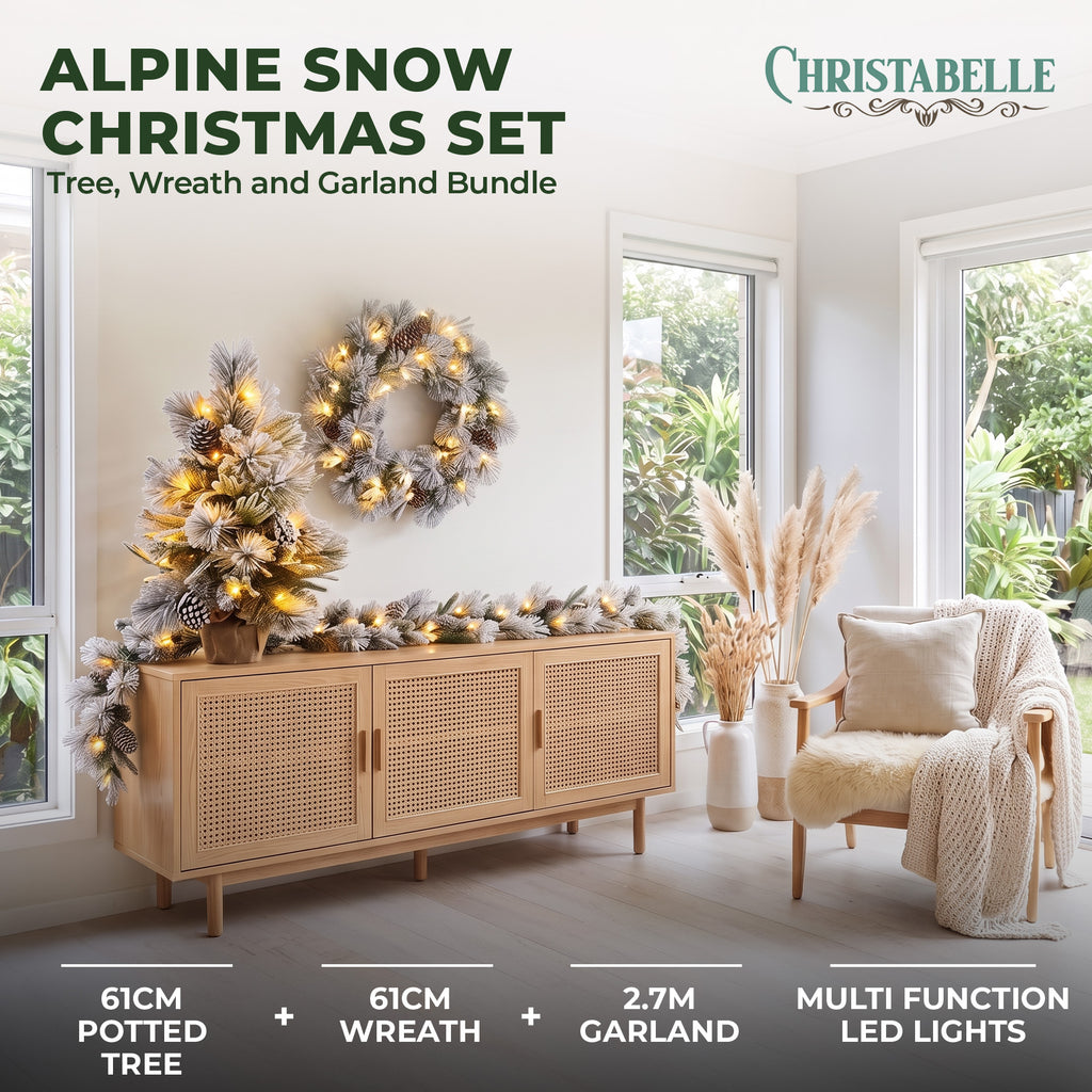Christabelle 2ft Alpine Snow Potted Tree 61cm Alpine Snow Wreath 2.74m Alpine Snow Garland Pre-lit Holiday Decoration