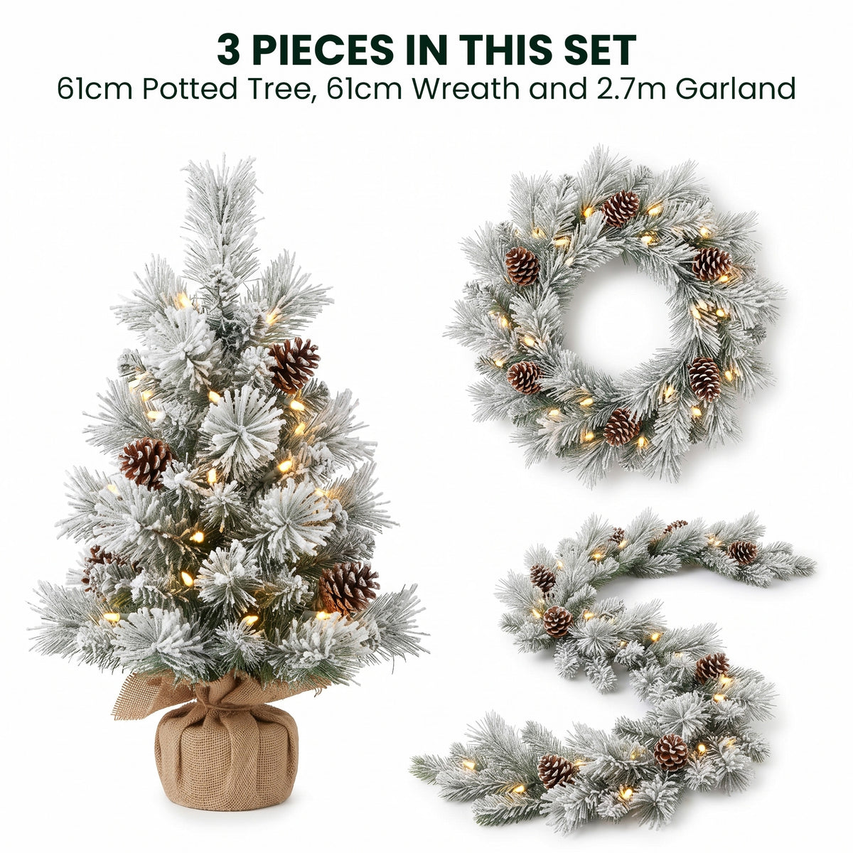 Christabelle 2ft Alpine Snow Potted Tree 61cm Alpine Snow Wreath 2.74m Alpine Snow Garland Pre-lit Holiday Decoration