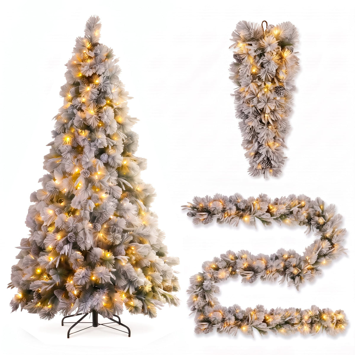 Christabelle Alpine Snow Christmas 3pc Set 2.3m Christmas Tree Garland and Teardrop with LED Lights Holiday Decor