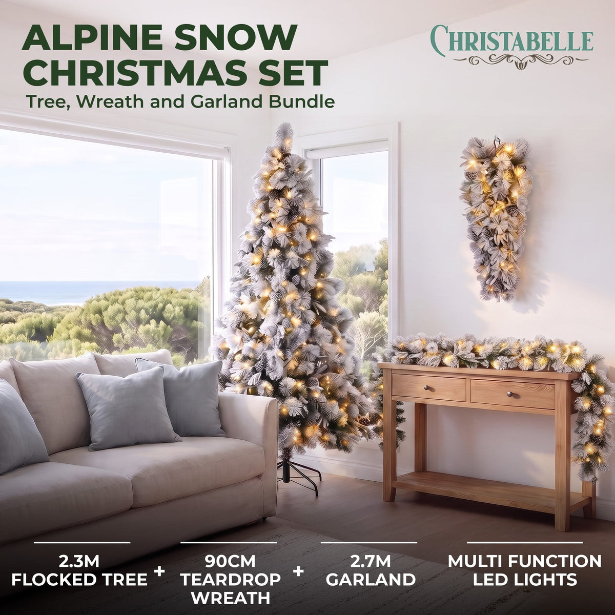 Christabelle Alpine Snow Christmas 3pc Set 2.3m Christmas Tree Garland and Teardrop with LED Lights Holiday Decor