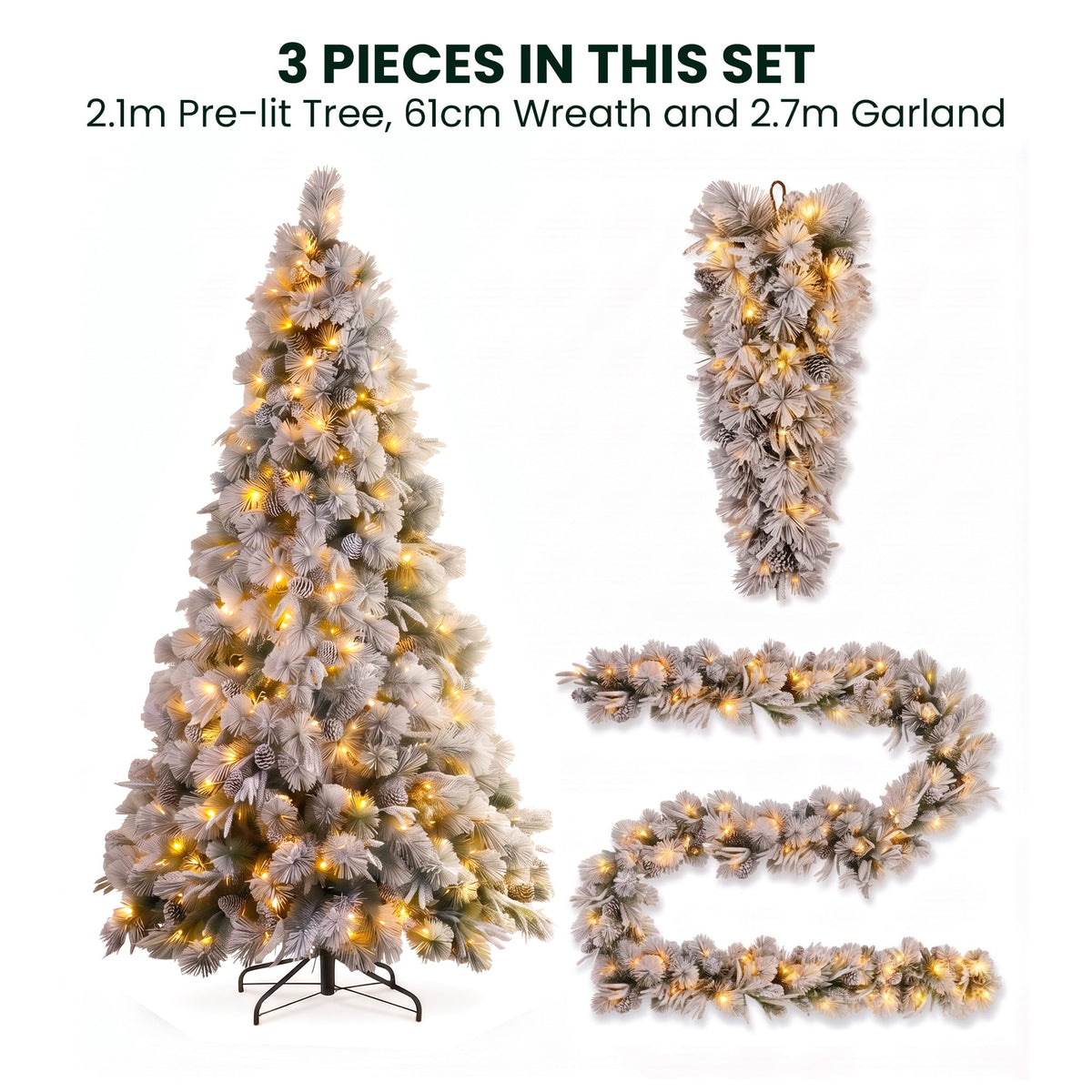 Christabelle Alpine Snow Christmas 3pc Set 2.3m Christmas Tree Garland and Teardrop with LED Lights Holiday Decor
