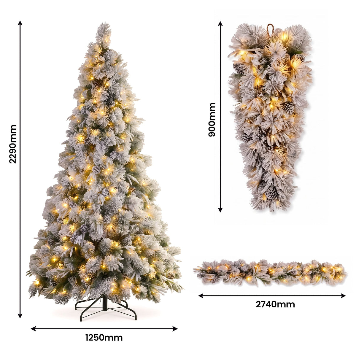 Christabelle Alpine Snow Christmas 3pc Set 2.3m Christmas Tree Garland and Teardrop with LED Lights Holiday Decor
