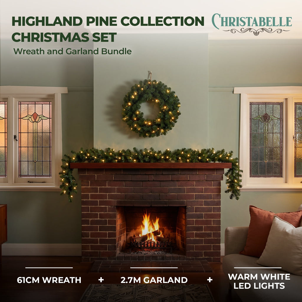 Christabelle Pre-Lit Highland Pine Wreath 61cm and Garland 2.74m Warm White LED Battery Timer Decoration