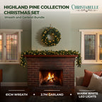 Christabelle Pre-Lit Highland Pine Wreath 61cm and Garland 2.74m Warm White LED Battery Timer Decoration