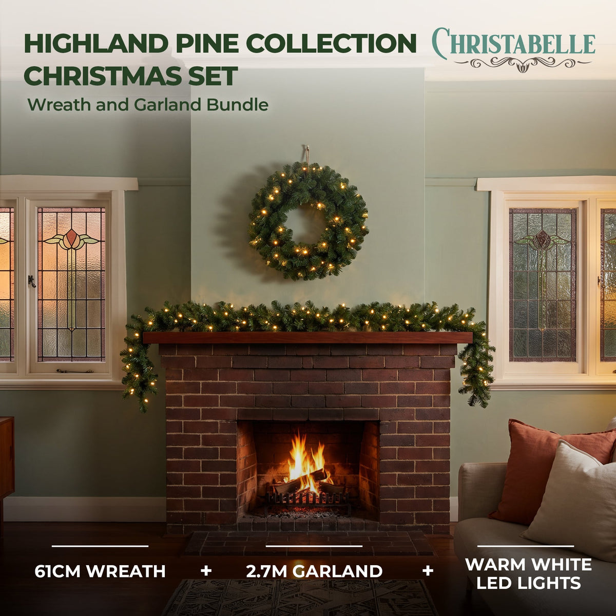Christabelle Pre-Lit Highland Pine Wreath 61cm and Garland 2.74m Warm White LED Battery Timer Decoration