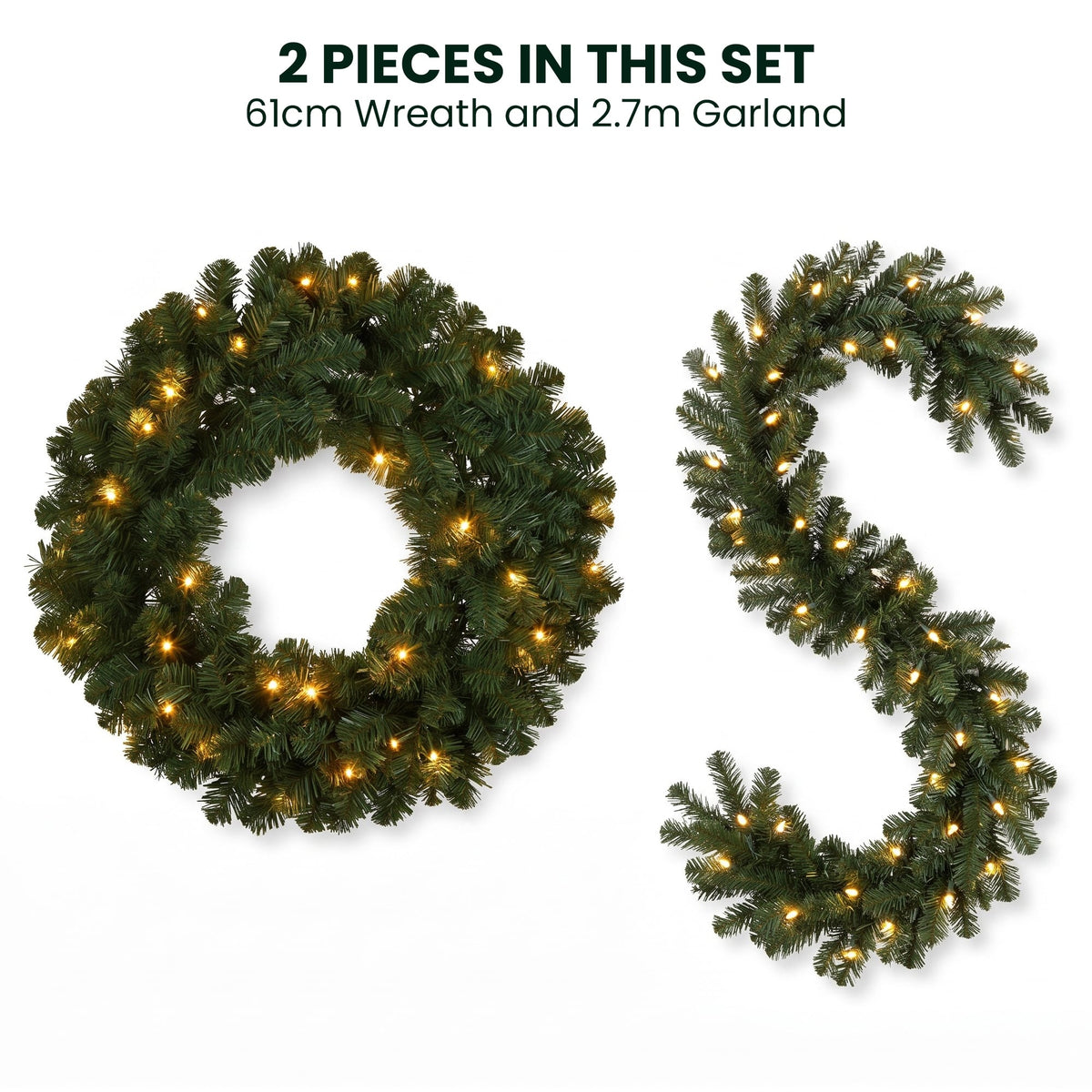 Christabelle Pre-Lit Highland Pine Wreath 61cm and Garland 2.74m Warm White LED Battery Timer Decoration