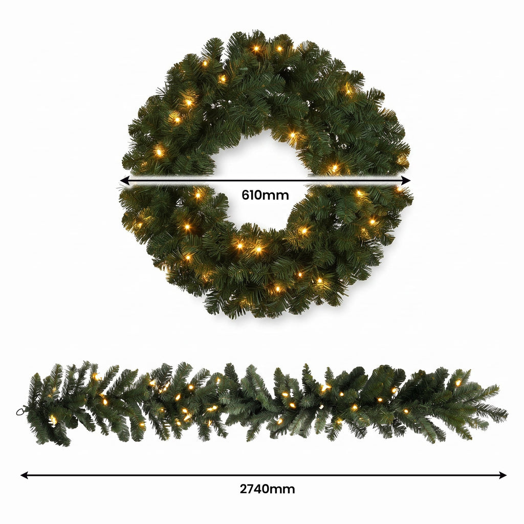 Christabelle Pre-Lit Highland Pine Wreath 61cm and Garland 2.74m Warm White LED Battery Timer Decoration