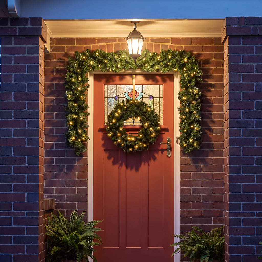 Christabelle Pre-Lit Highland Pine Wreath 61cm and Garland 2.74m Warm White LED Battery Timer Decoration