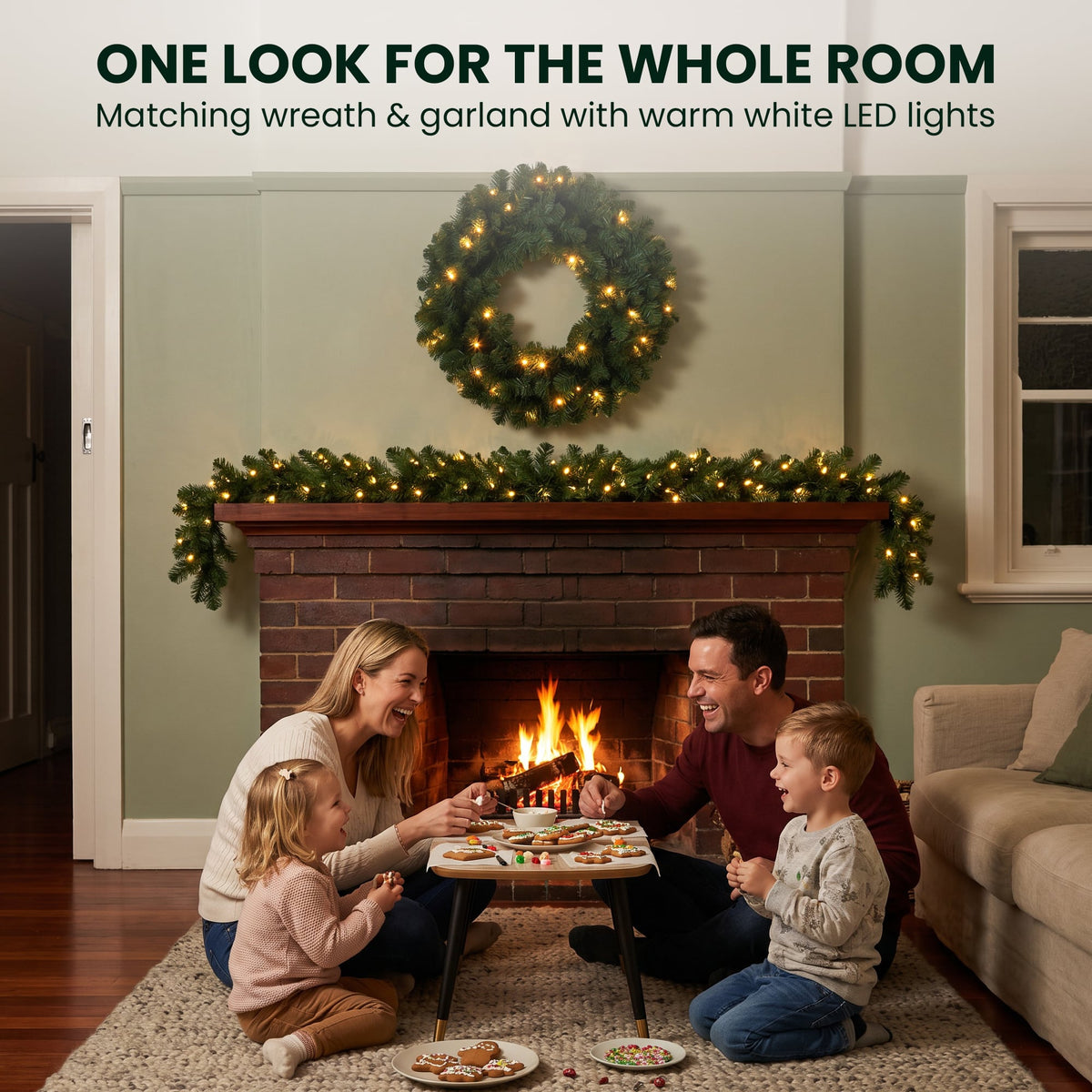 Christabelle Pre-Lit Highland Pine Wreath 61cm and Garland 2.74m Warm White LED Battery Timer Decoration