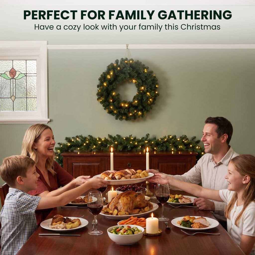 Christabelle Pre-Lit Highland Pine Wreath 61cm and Garland 2.74m Warm White LED Battery Timer Decoration