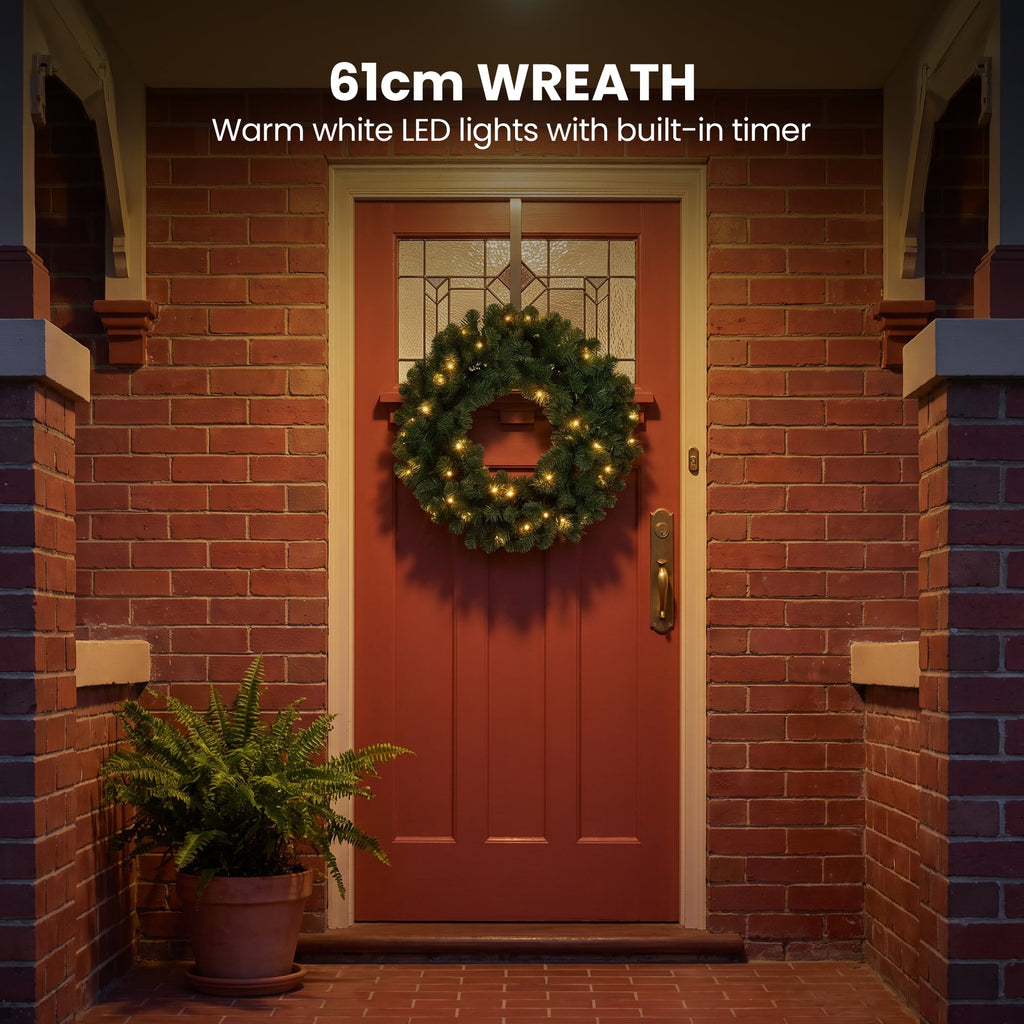 Christabelle Pre-Lit Highland Pine Wreath 61cm and Garland 2.74m Warm White LED Battery Timer Decoration