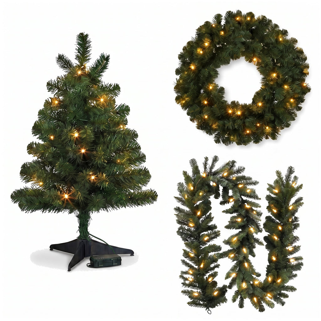 Christabelle Highland Pine Christmas 3pc Set 61cm Tabletop Tree Wreath and Garland with LED Lights Holiday Decor