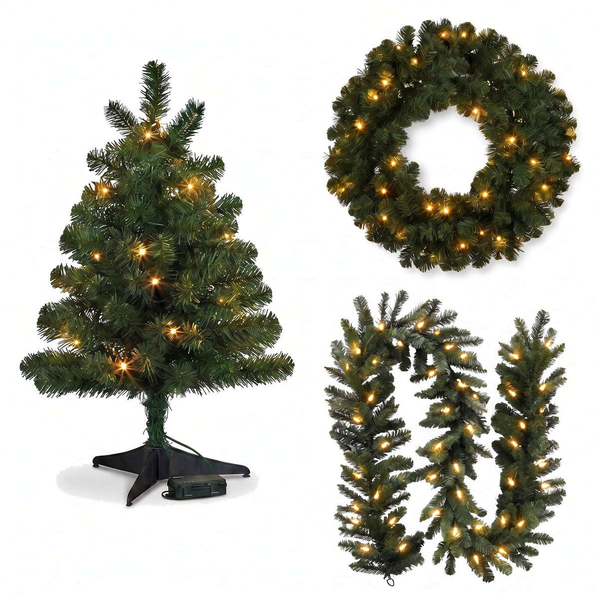 Christabelle Highland Pine Christmas 3pc Set 61cm Tabletop Tree Wreath and Garland with LED Lights Holiday Decor