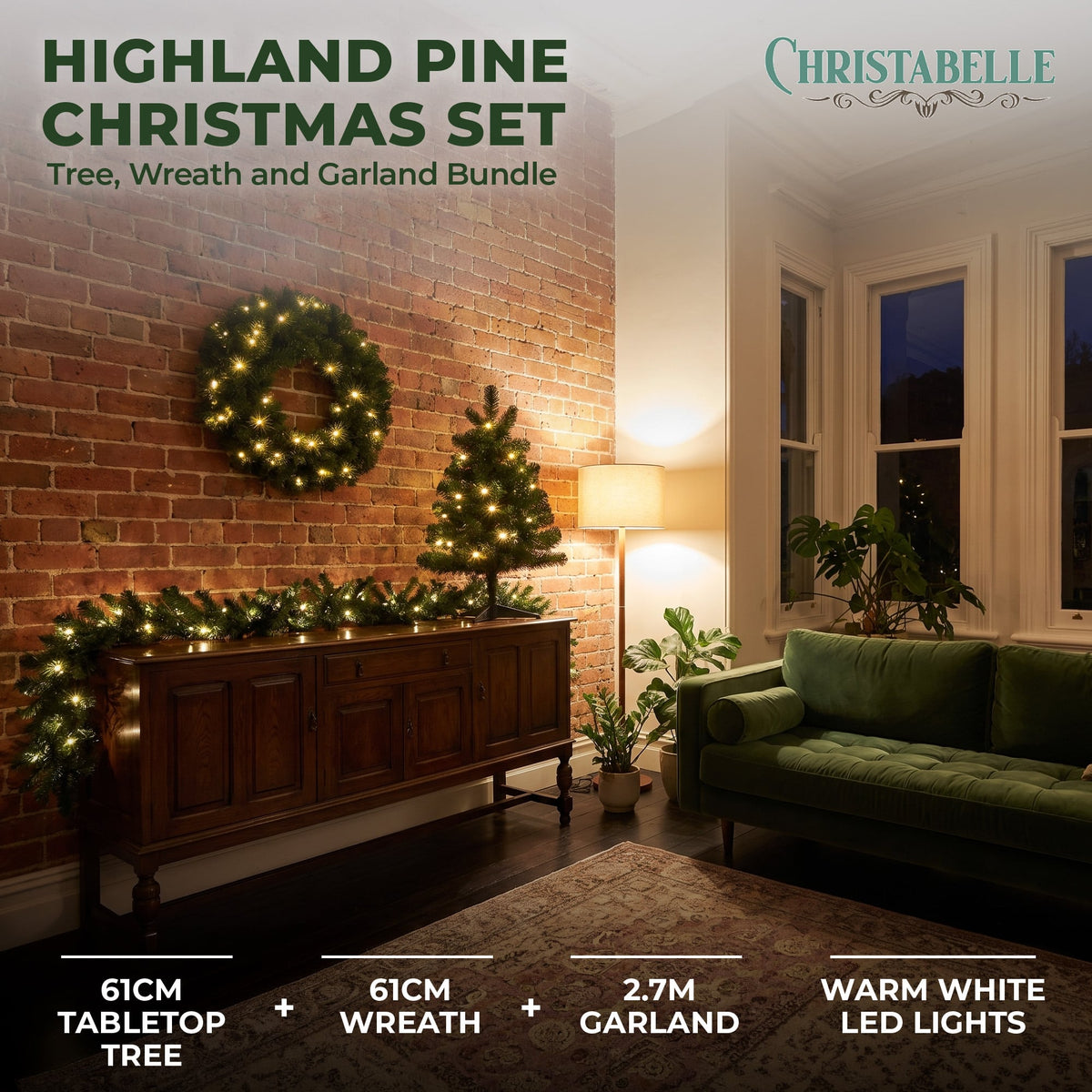 Christabelle Highland Pine Christmas 3pc Set 61cm Tabletop Tree Wreath and Garland with LED Lights Holiday Decor