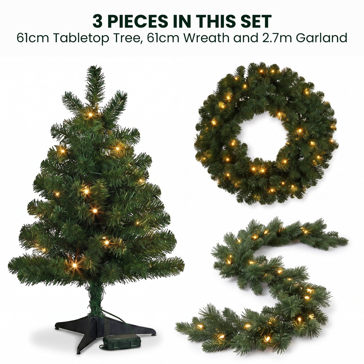 Christabelle Highland Pine Christmas 3pc Set 61cm Tabletop Tree Wreath and Garland with LED Lights Holiday Decor