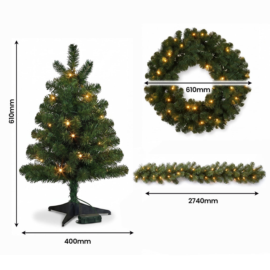 Christabelle Highland Pine Christmas 3pc Set 61cm Tabletop Tree Wreath and Garland with LED Lights Holiday Decor