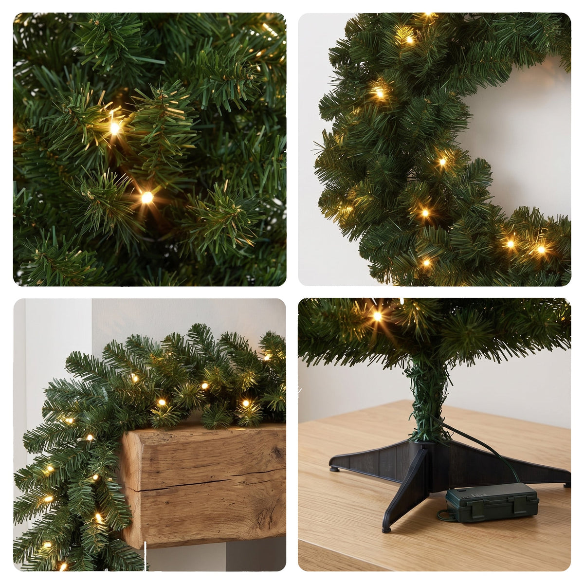 Christabelle Highland Pine Christmas 3pc Set 61cm Tabletop Tree Wreath and Garland with LED Lights Holiday Decor