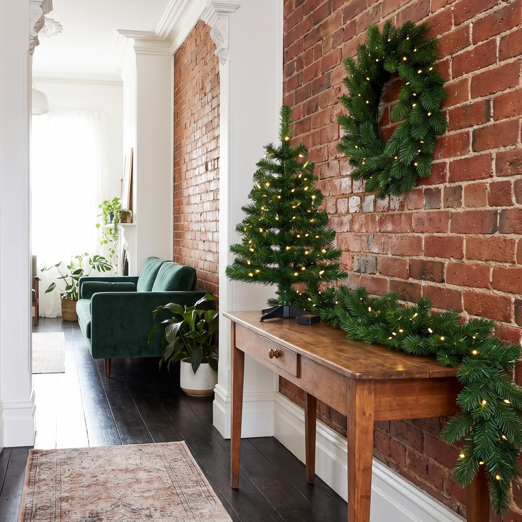 Christabelle Highland Pine Christmas 3pc Set 61cm Tabletop Tree Wreath and Garland with LED Lights Holiday Decor