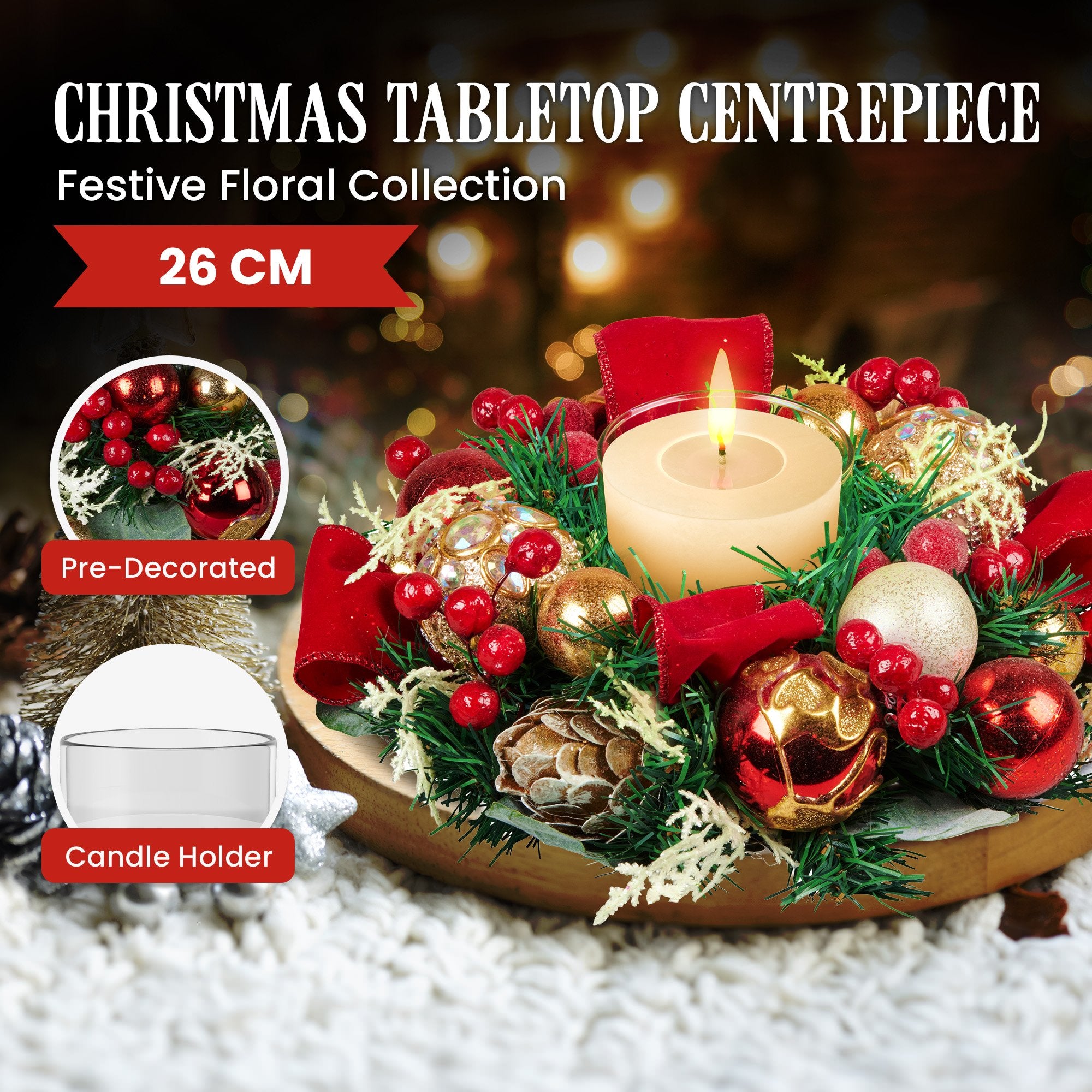 26cm Christmas Festive Floral Centrepiece with Hurricane Glass Candle Holder