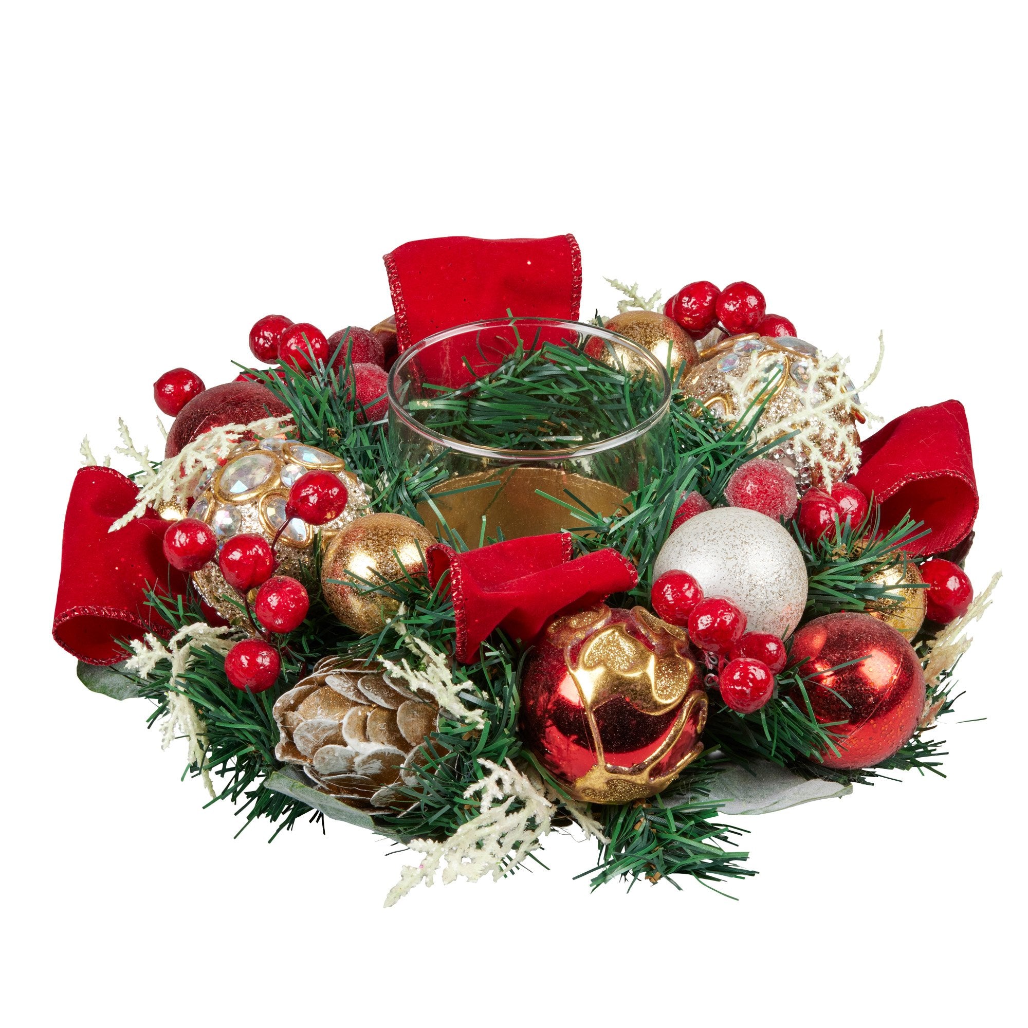 26cm Christmas Festive Floral Centrepiece with Hurricane Glass Candle Holder