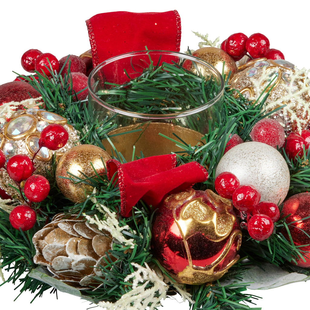 26cm Christmas Festive Floral Centrepiece with Hurricane Glass Candle Holder