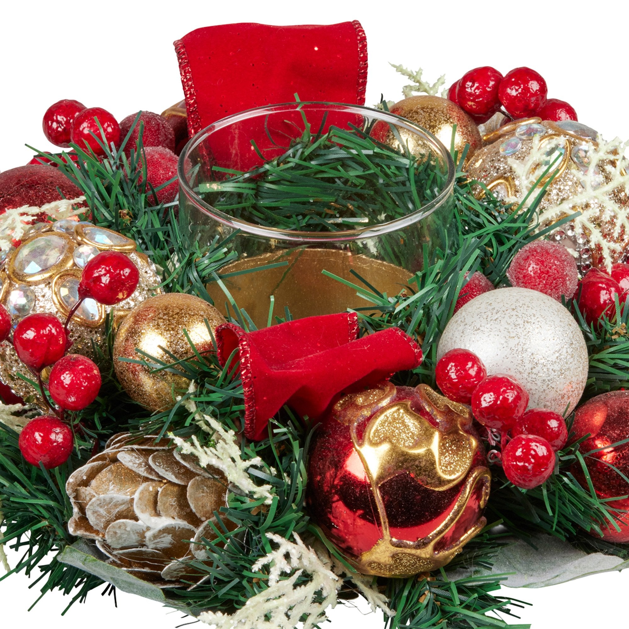 26cm Christmas Festive Floral Centrepiece with Hurricane Glass Candle Holder