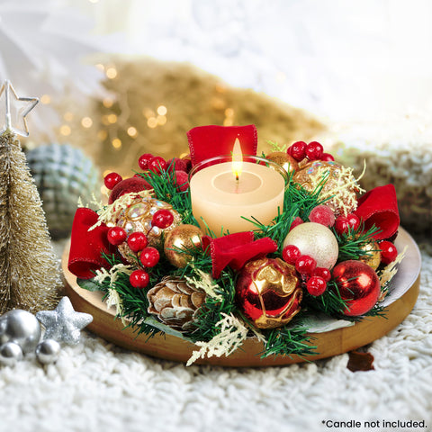 26cm Christmas Festive Floral Centrepiece with Hurricane Glass Candle Holder