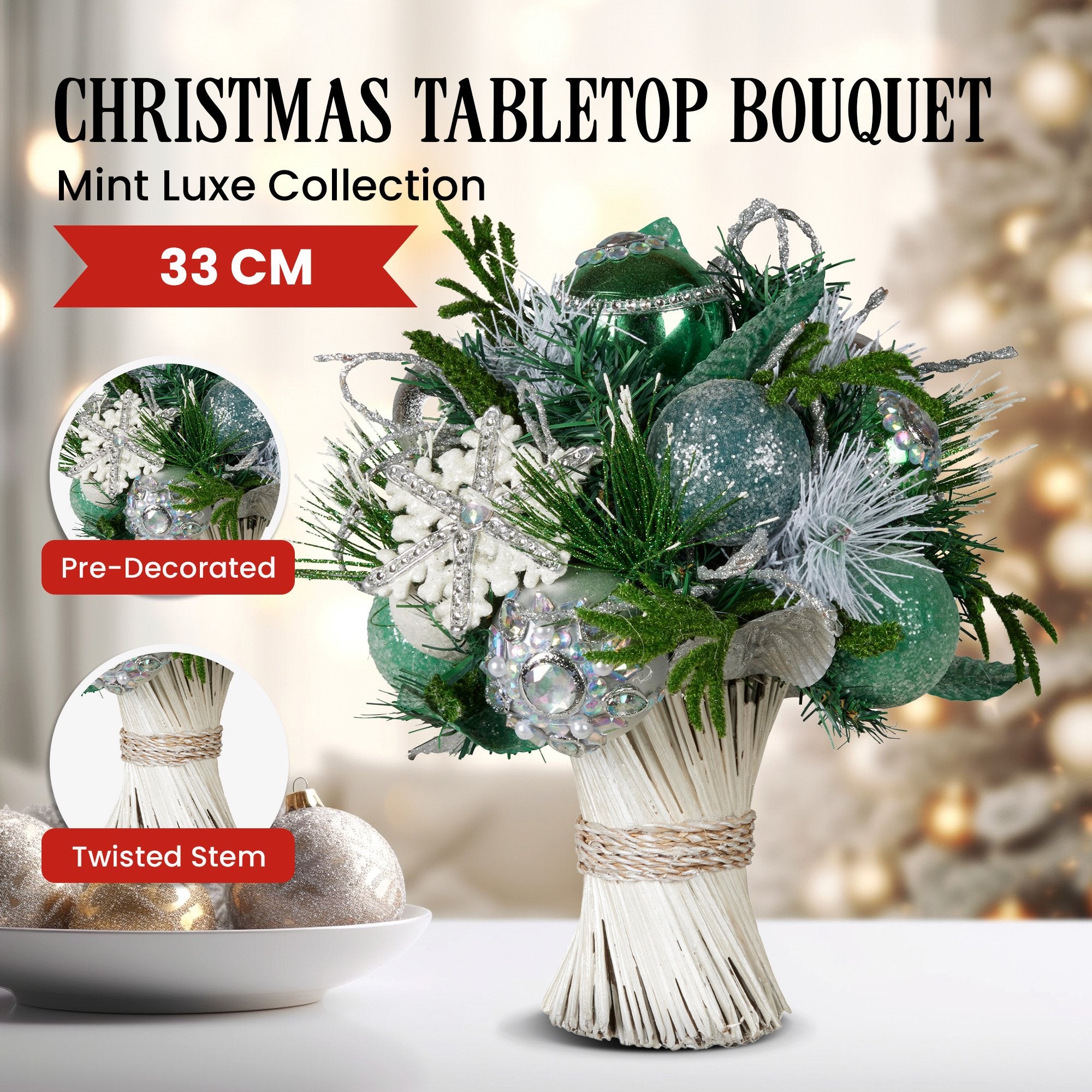 33cm Mint Luxe Bouquet Tabletop Christmas Decoration