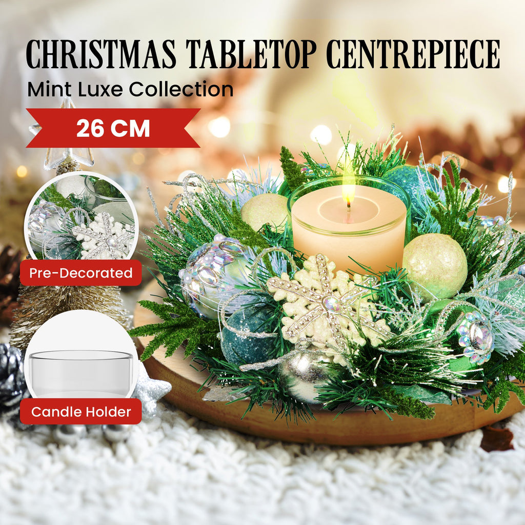 26cm Christmas Mint Luxe Centrepiece with Hurricane Glass Candle Holder