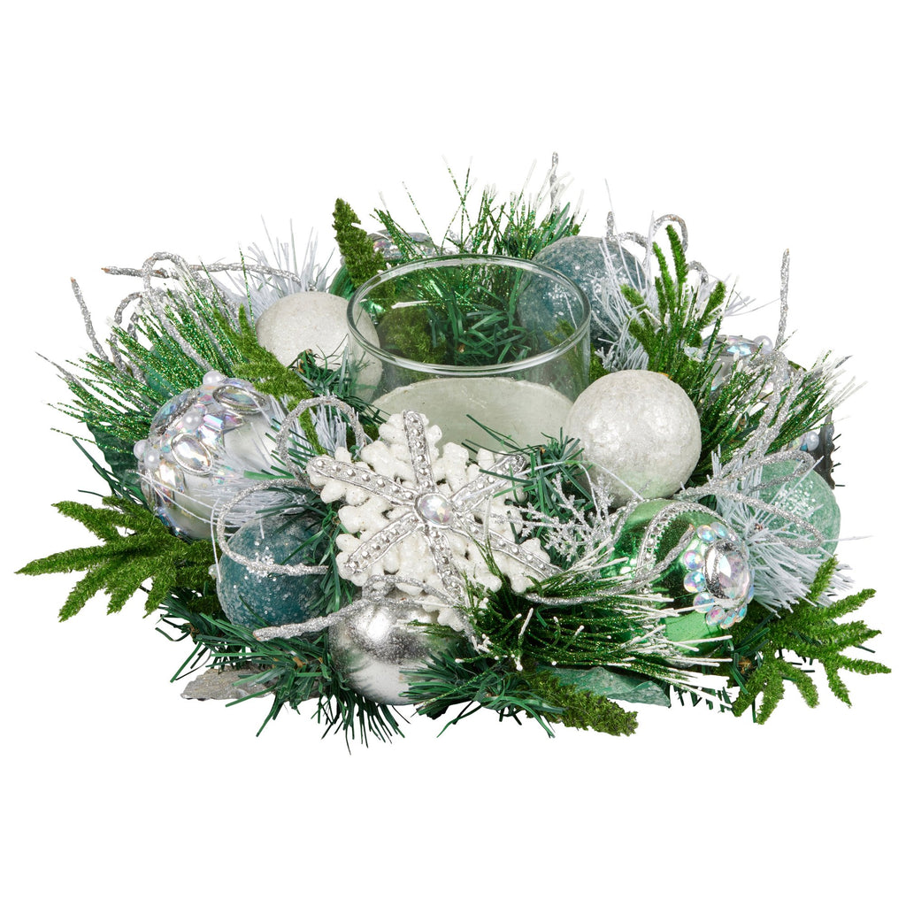 26cm Christmas Mint Luxe Centrepiece with Hurricane Glass Candle Holder