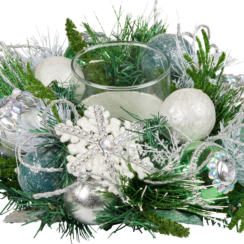 26cm Christmas Mint Luxe Centrepiece with Hurricane Glass Candle Holder