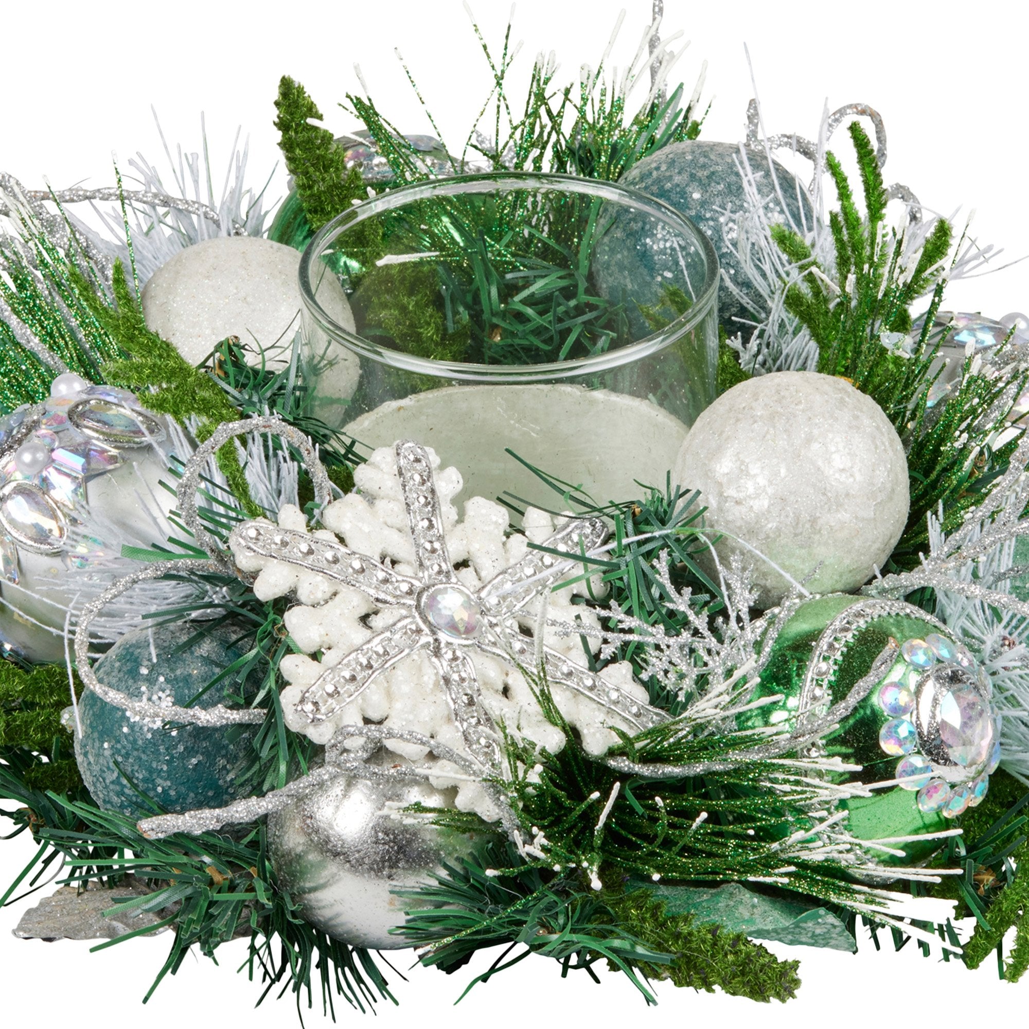 26cm Christmas Mint Luxe Centrepiece with Hurricane Glass Candle Holder