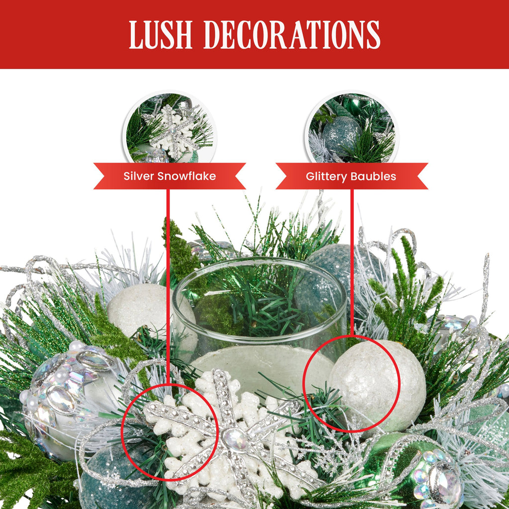 26cm Christmas Mint Luxe Centrepiece with Hurricane Glass Candle Holder