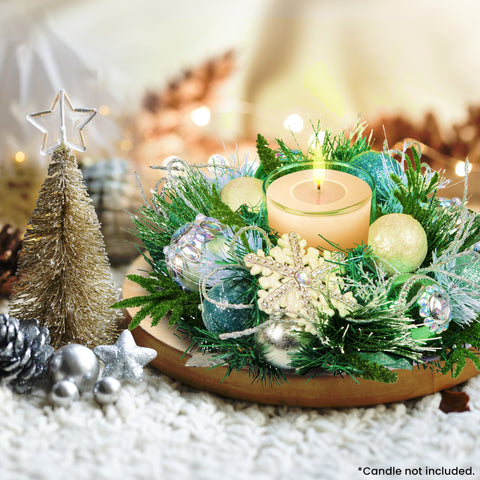 26cm Christmas Mint Luxe Centrepiece with Hurricane Glass Candle Holder