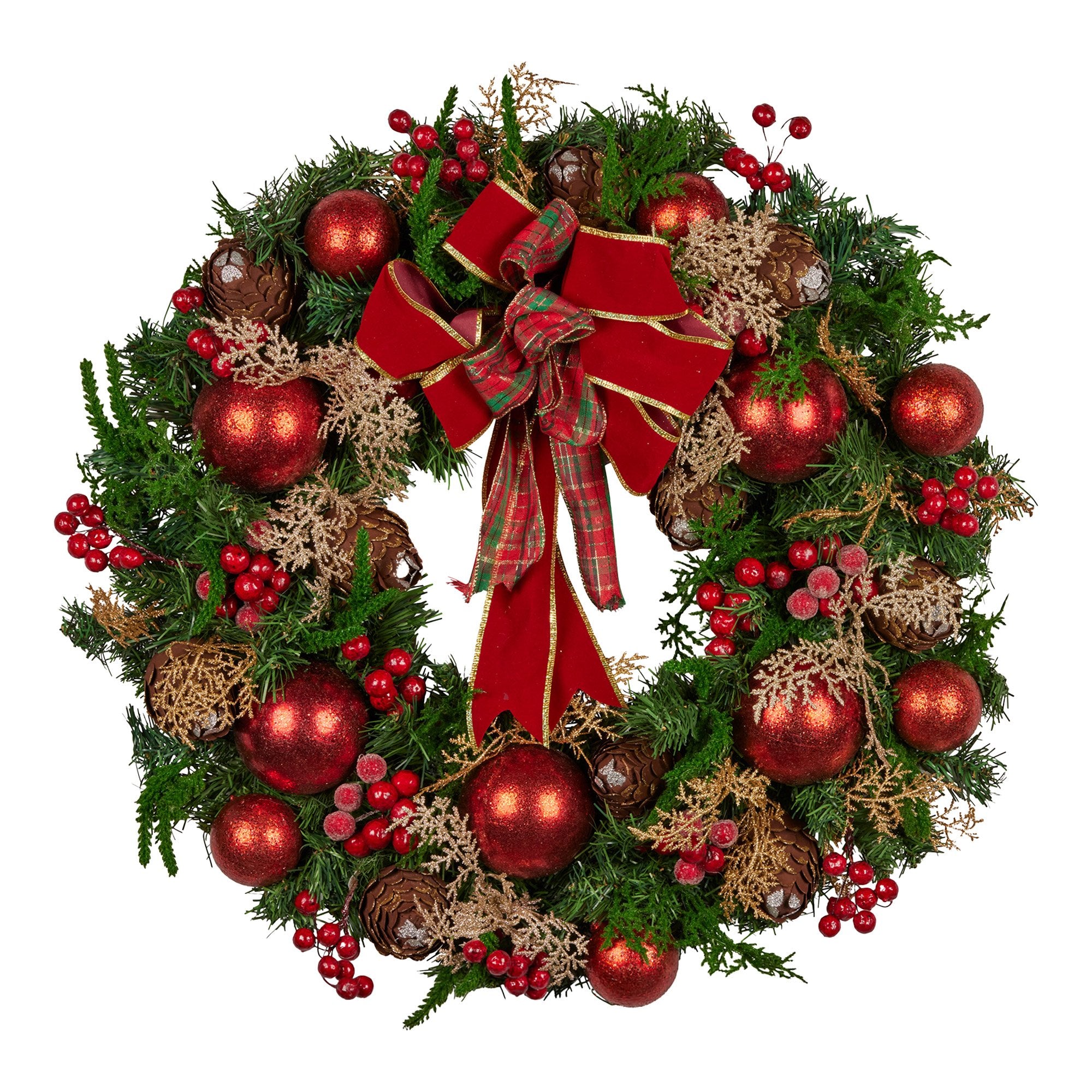 Christabelle Stunning 56cm Christmas Wreath Lush Red Baubles Berries Pine Cones and Bow Front Door Decoration