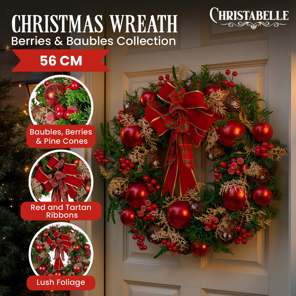 Christabelle Stunning 56cm Christmas Wreath Lush Red Baubles Berries Pine Cones and Bow Front Door Decoration