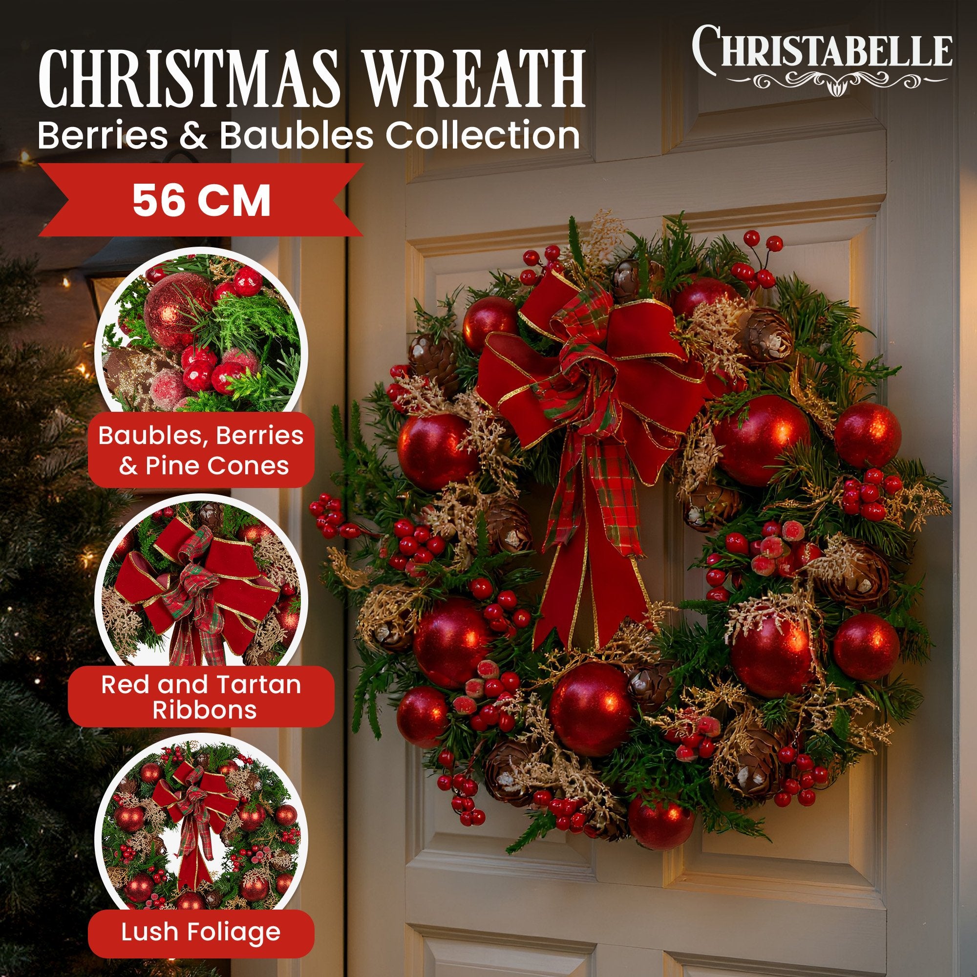 Christabelle Stunning 56cm Christmas Wreath Lush Red Baubles Berries Pine Cones and Bow Front Door Decoration