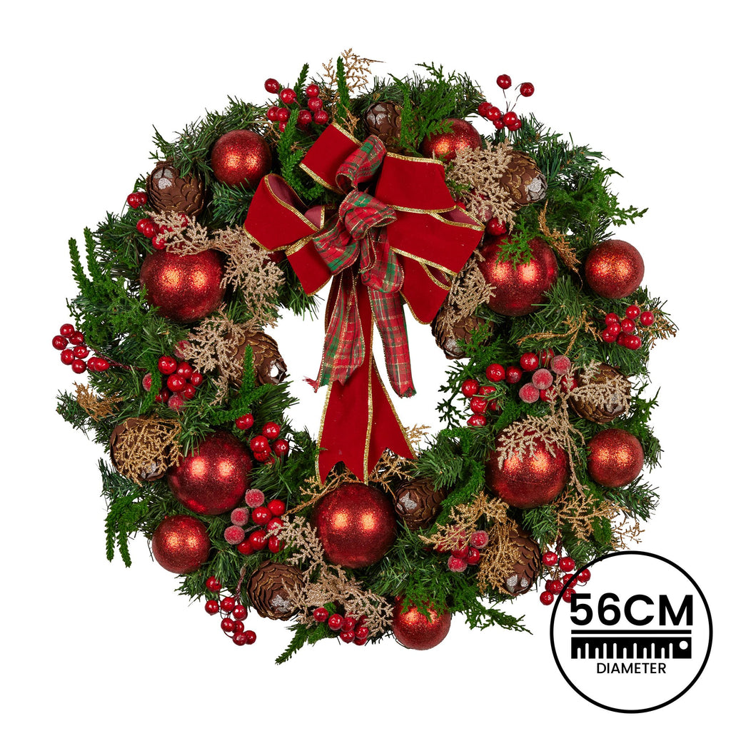 Christabelle Stunning 56cm Christmas Wreath Lush Red Baubles Berries Pine Cones and Bow Front Door Decoration