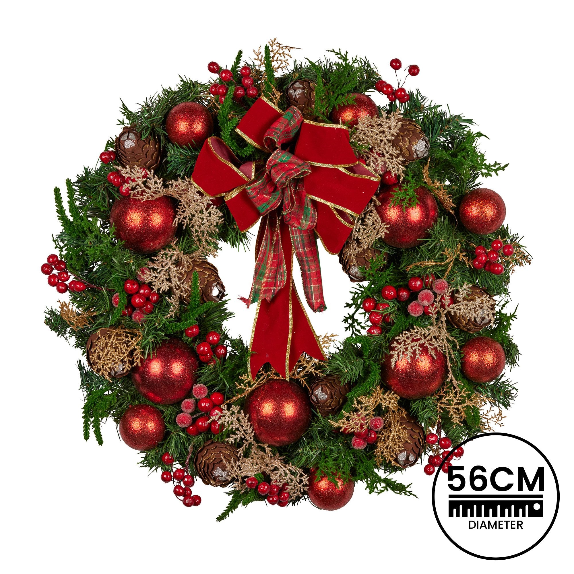Christabelle Stunning 56cm Christmas Wreath Lush Red Baubles Berries Pine Cones and Bow Front Door Decoration
