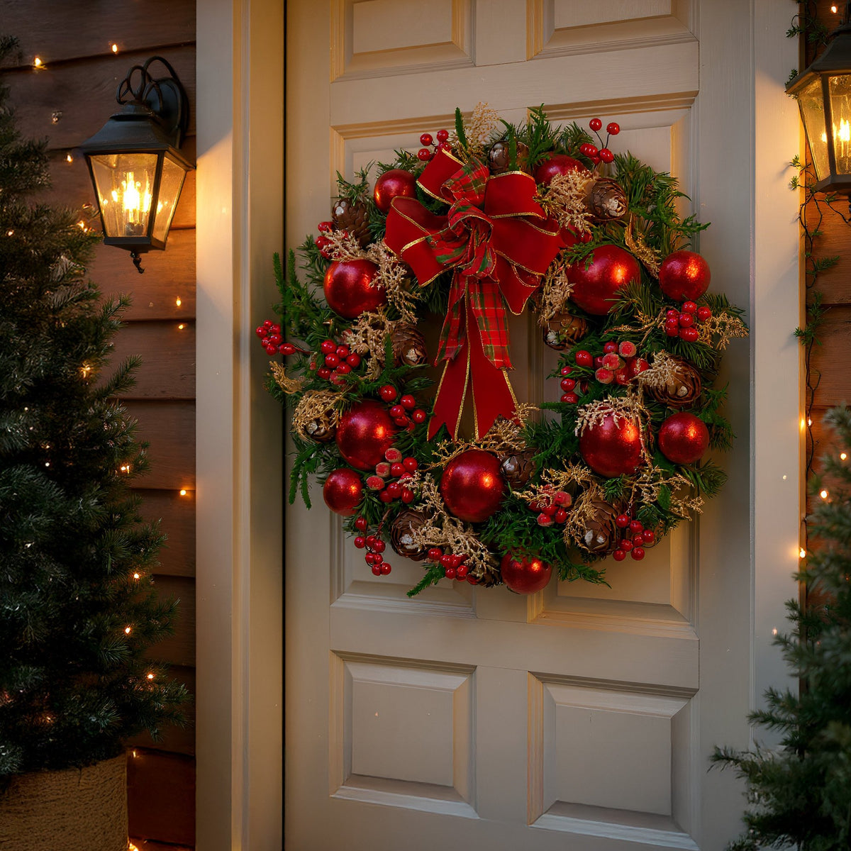 Christabelle Stunning 56cm Christmas Wreath Lush Red Baubles Berries Pine Cones and Bow Front Door Decoration