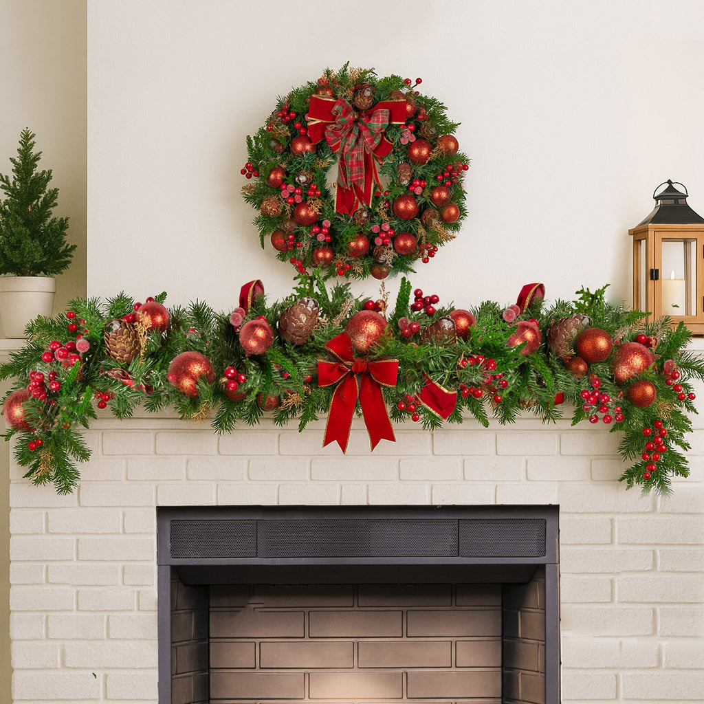Christabelle 1.85m Christmas Garland with Red Berries Pine Cones Baubles Bows Tree Decoration Ornament