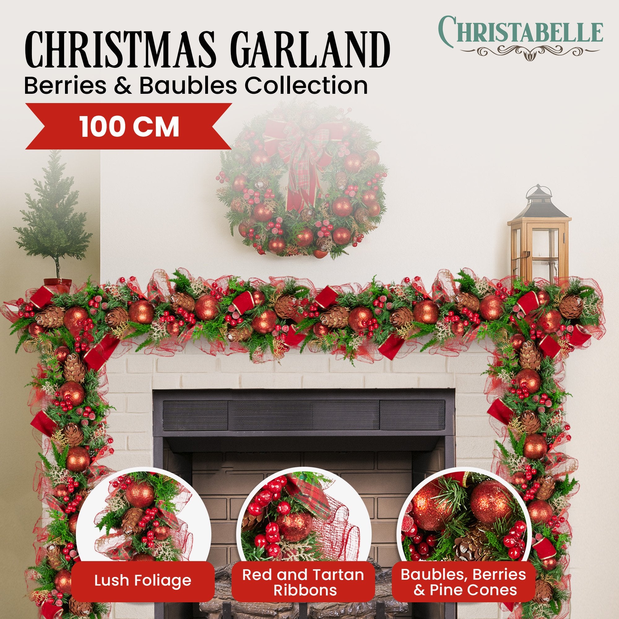 Christabelle Christmas Garland with Red Berries & Pine Cones Baubles Berries Tree Decoration Ornament Red Green