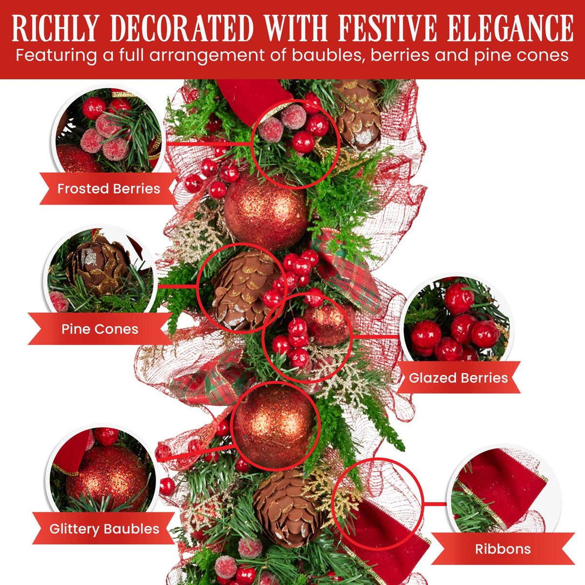 Christabelle Christmas Garland with Red Berries & Pine Cones Baubles Berries Tree Decoration Ornament Red Green