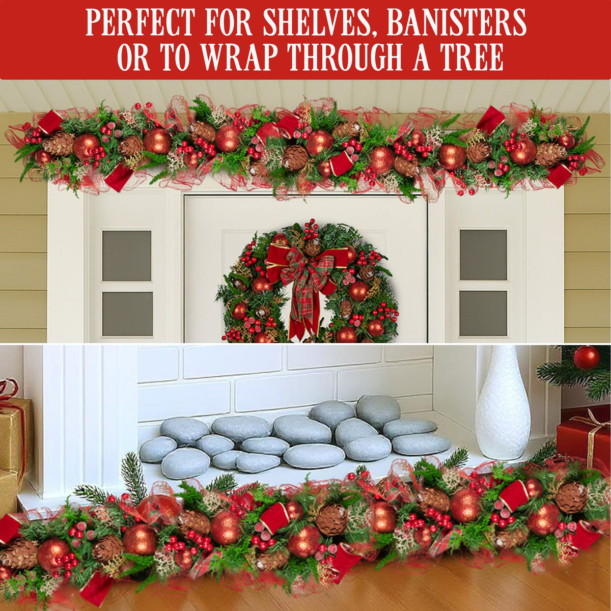 Christabelle Christmas Garland with Red Berries & Pine Cones Baubles Berries Tree Decoration Ornament Red Green