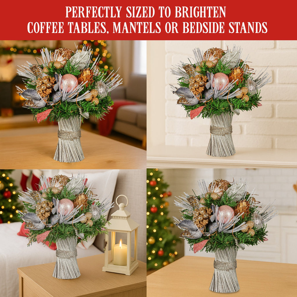 Christabelle 33cm Christmas Bouquet Pre Decorated Holiday Floral Arrangement w/Jewelled Baubles, Berries, Flowers & Pine