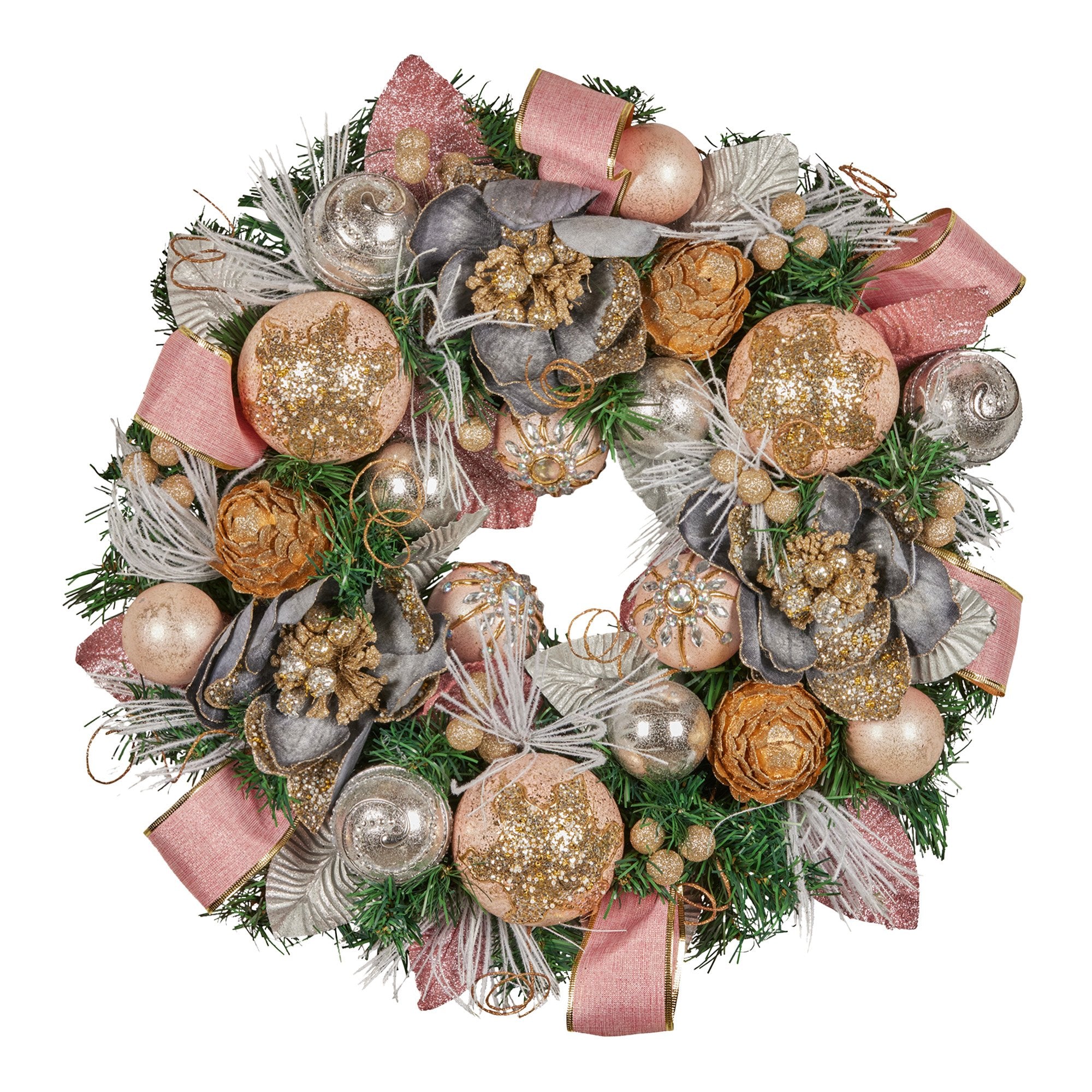 Christabelle 56cm Christmas Wreath Lush Pink Front Door Decoration Jewelled Baubles Flowers Pine Cones Ribbons Ornaments