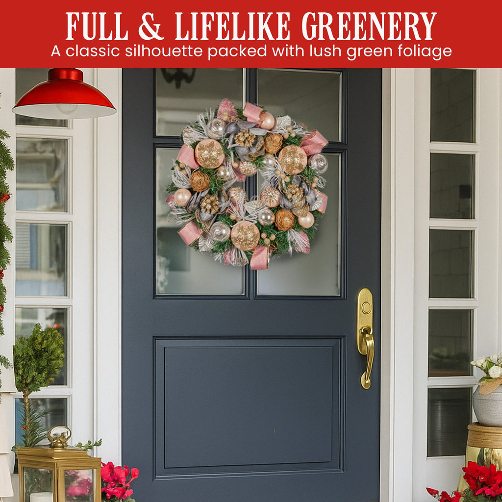 Christabelle 56cm Christmas Wreath Lush Pink Front Door Decoration Jewelled Baubles Flowers Pine Cones Ribbons Ornaments